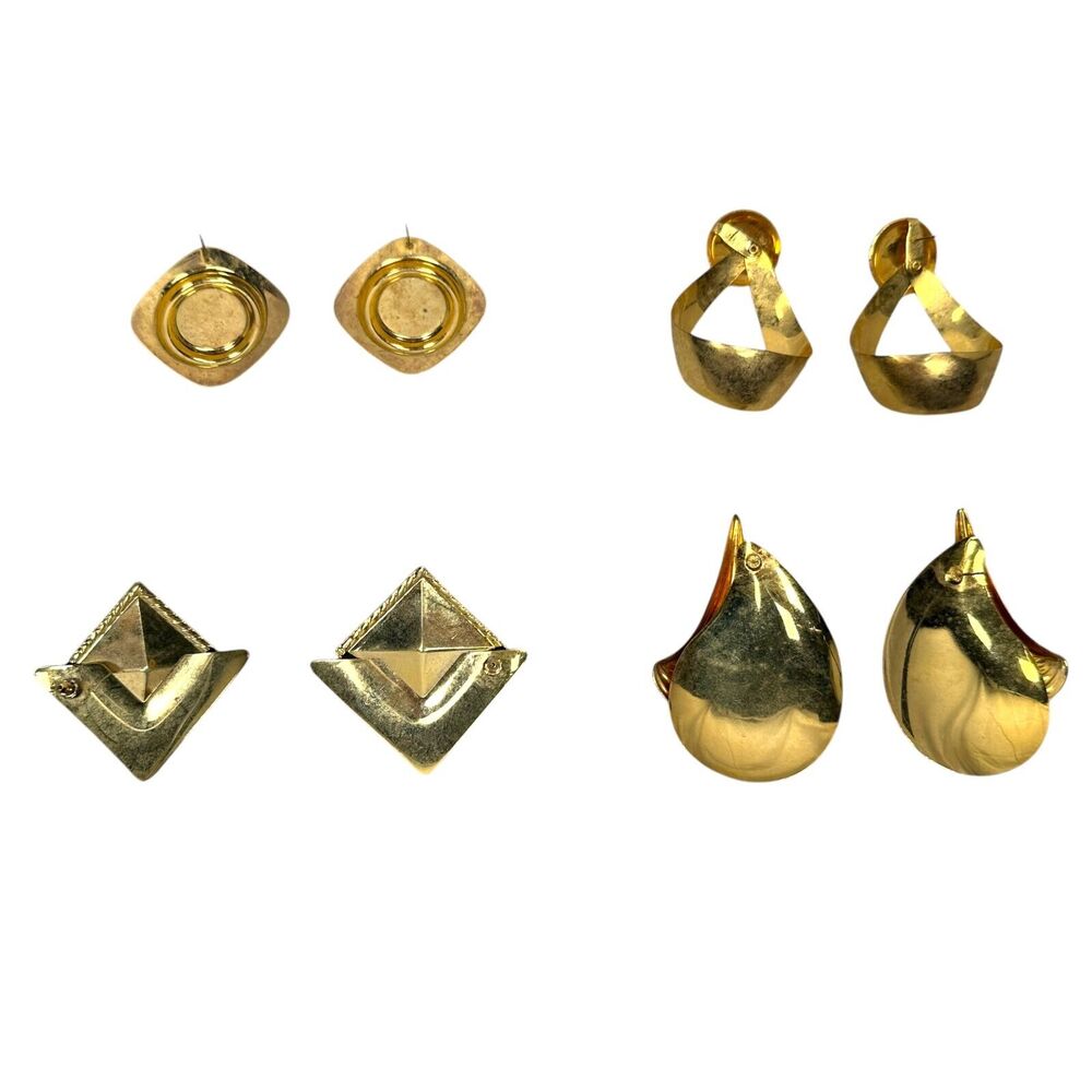 Vintage Costume Jewelry Stud Earrings Lot of 4 Pairs Women's‎ Gold Tone Metal